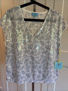 CeCe White Sequin Floral V-Neck Top